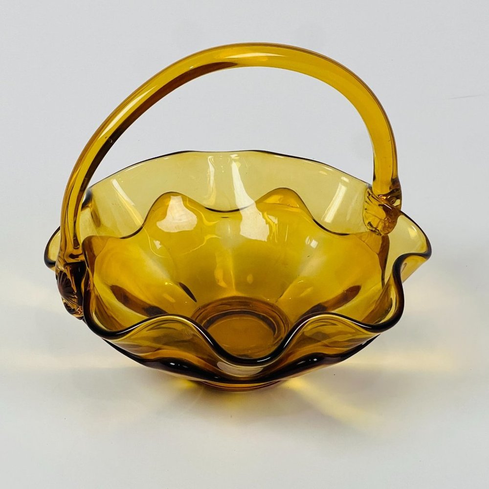 Viking Art Glass Epic Double Crimped Amber Glass Handled Double Flower Basket